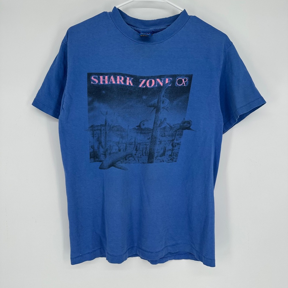 Vintage 80s 90s Ocean Pacific OP Shark Zone Graphic Shirt Blue Mens L USA 1988